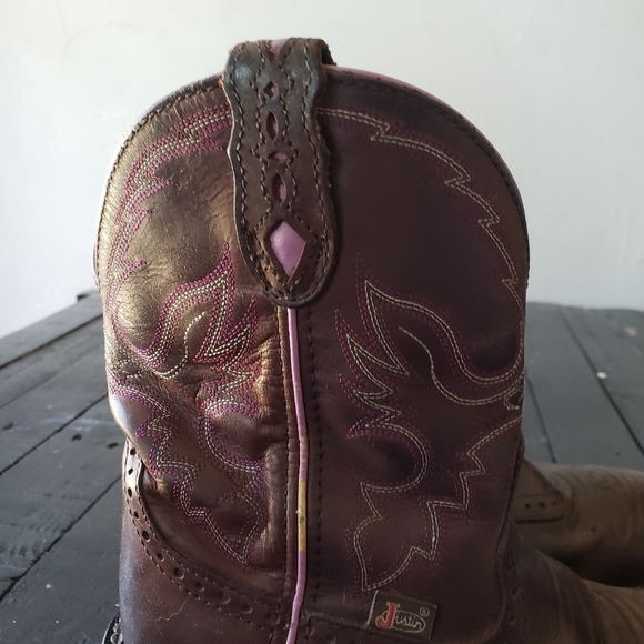 Justin Boots Women's 6 6B Brown Leather Fat Boy Cowgirl Boots Pink Stitching - Picture 10 of 12